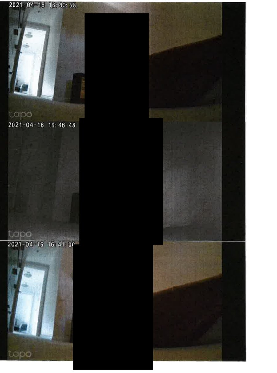 Three security-camera stills timestamped 16 April 2021 (16:40:58, 19:46:48, 16:41:00); the figure is fully blacked out and the room and timestamps remain visible