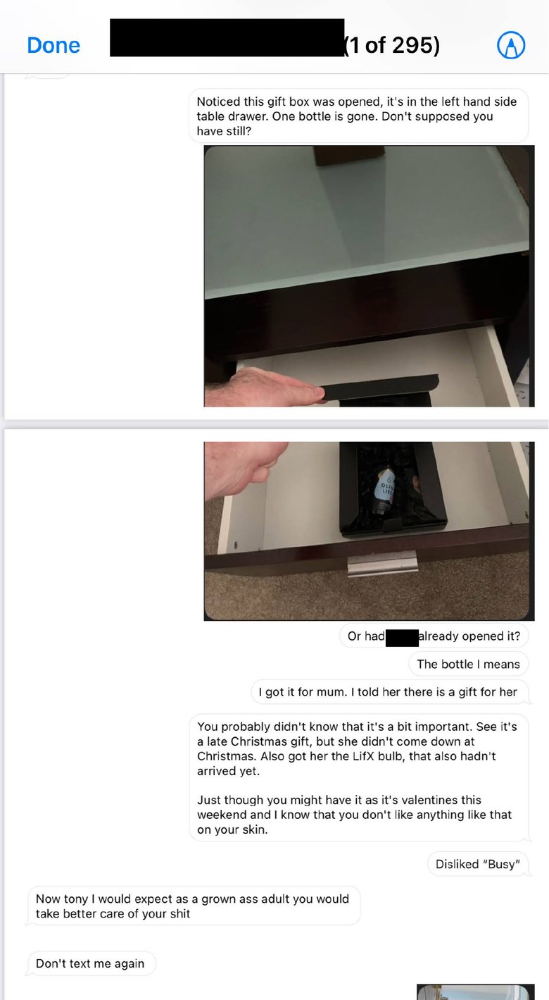 Message thread in which the other party sends photographs of an opened gift box in a drawer and states one bottle is gone; phone number and a third-party name are redacted