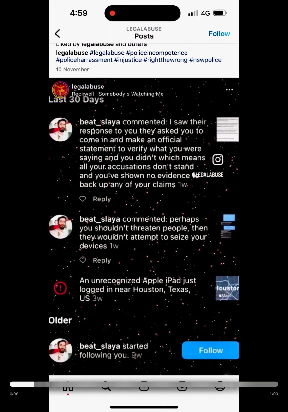 Still at 0:06 showing beat_slaya comments and a following notification on the legalabuse account