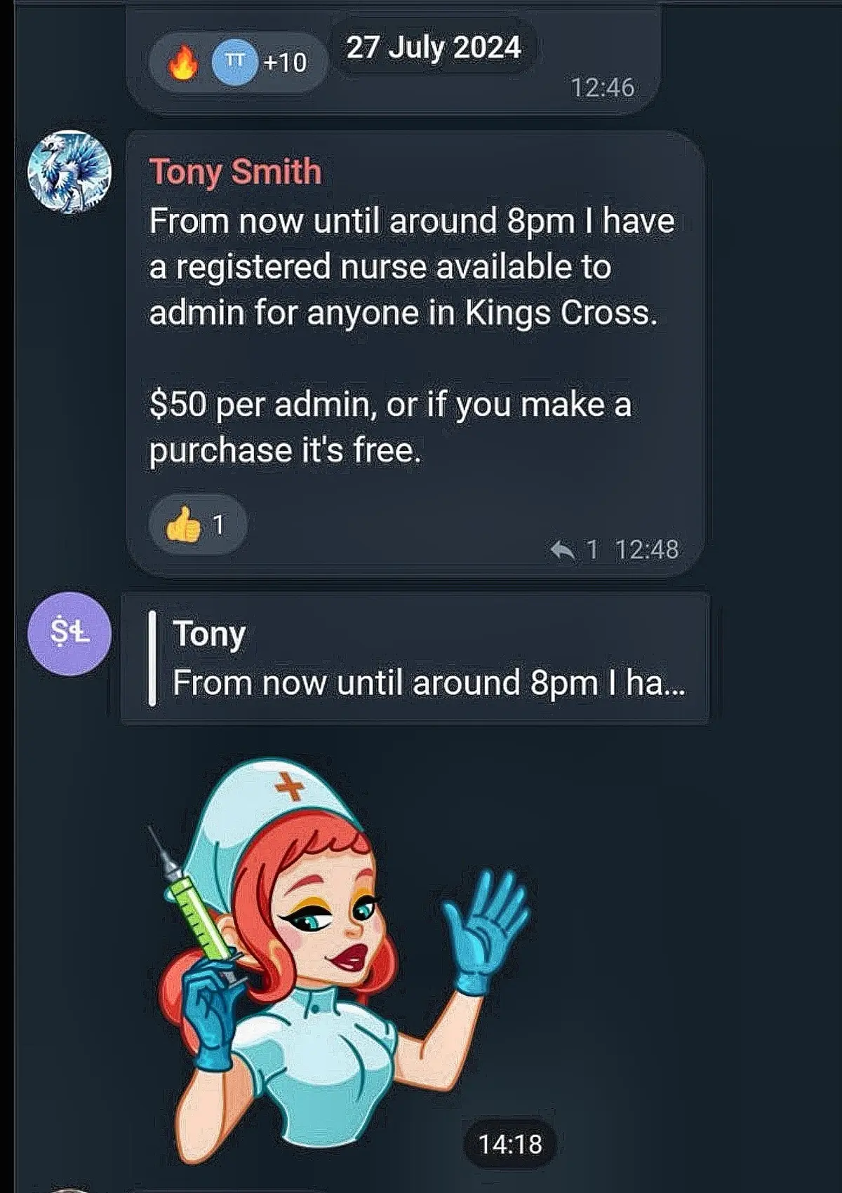 Telegram screenshot showing an account using the alias Tony Smith advertising access to a registered nurse in Kings Cross