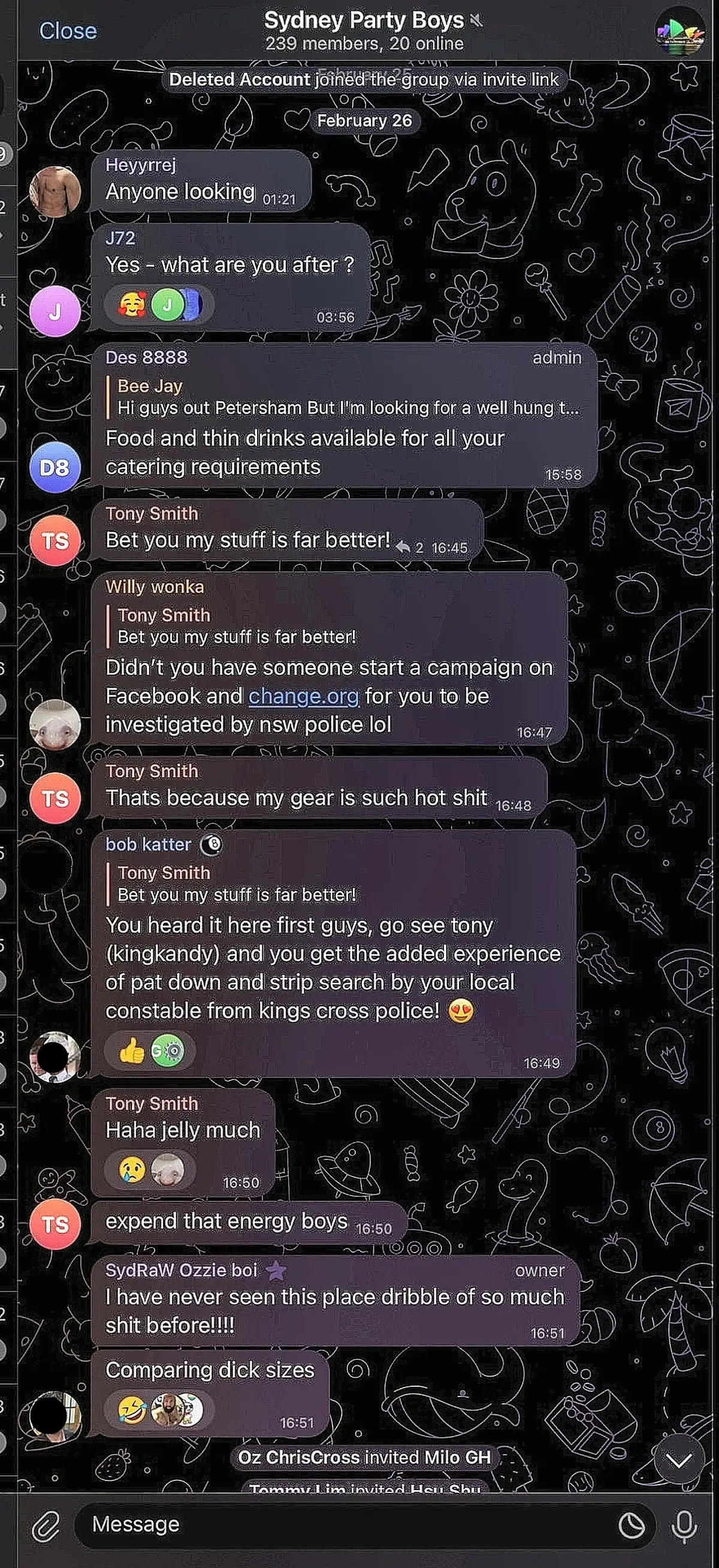 Telegram Sydney Party Boys group screenshot showing the Tony Smith alias and replies from other aliases; faces are blacked out